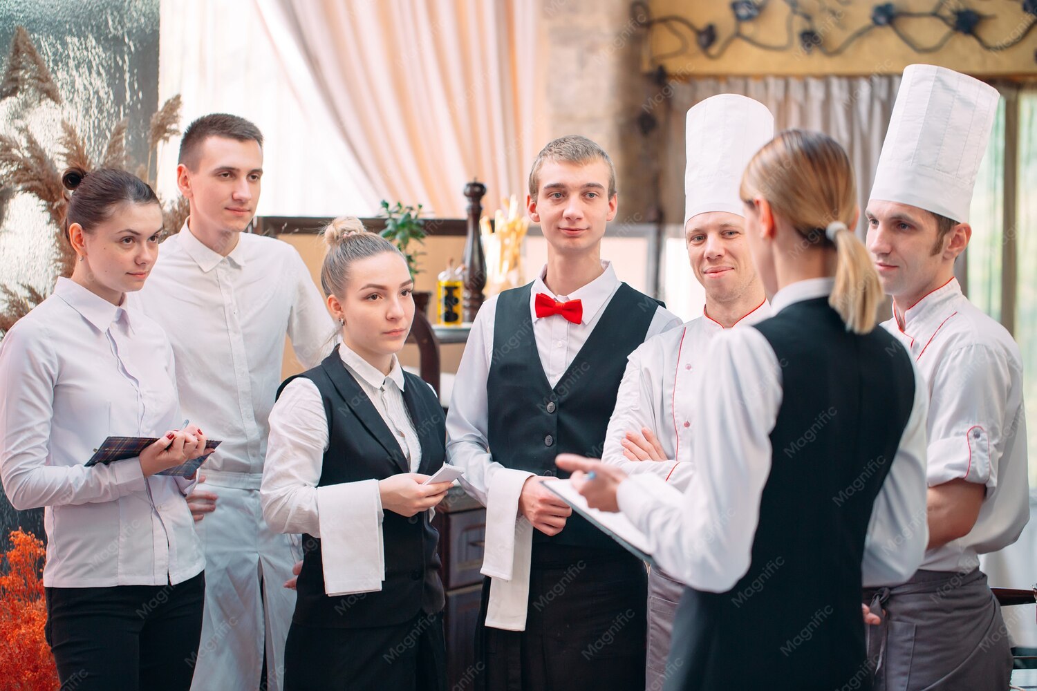 restaurant-manager-his-staff-kitchen-interacting-head-chef-commercial-kitchen_109285-2415
